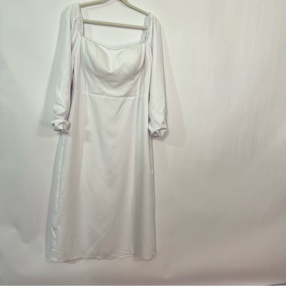 White Off Shoulder or Square Neck Long Sleeve Dress Pearl Neck Trim sz 16 NWT - Picture 2 of 6